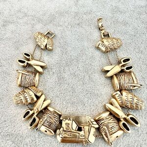 Vintage Gold Tone Sewing Tools Theme Scissors Thread Charm Slide Bracelet